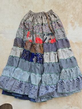 Bohemian Tiered Patchwork Skirt in Multi-Gray Floral